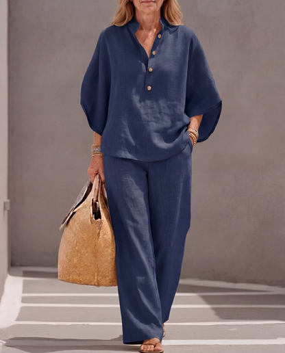 Mariel - Comfortabel Ensemble Coton Lin Manches Chauve-Souris Pantalon Large