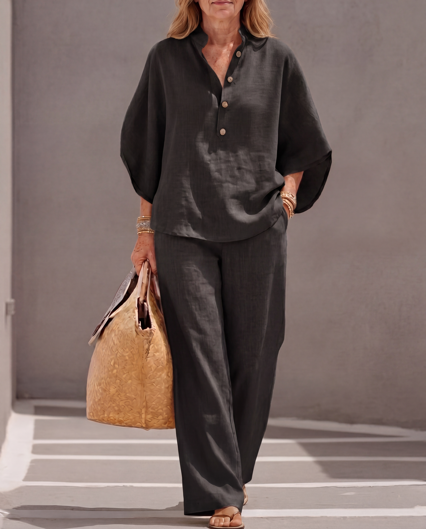 Mariel - Comfortabel Ensemble Coton Lin Manches Chauve-Souris Pantalon Large