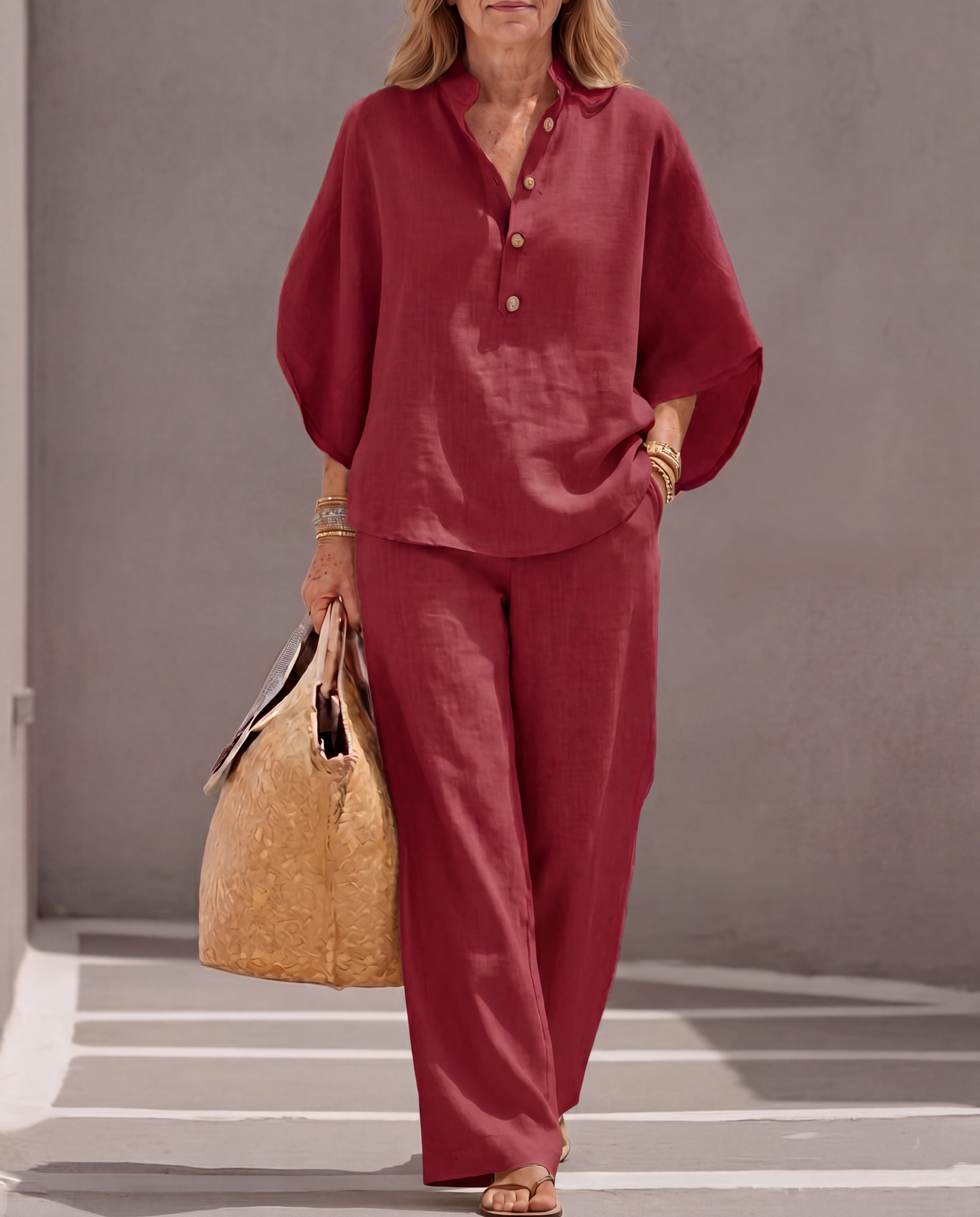 Mariel - Comfortabel Ensemble Coton Lin Manches Chauve-Souris Pantalon Large