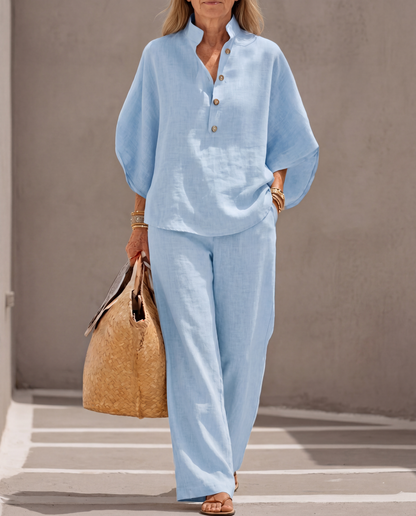 Mariel - Comfortabel Ensemble Coton Lin Manches Chauve-Souris Pantalon Large