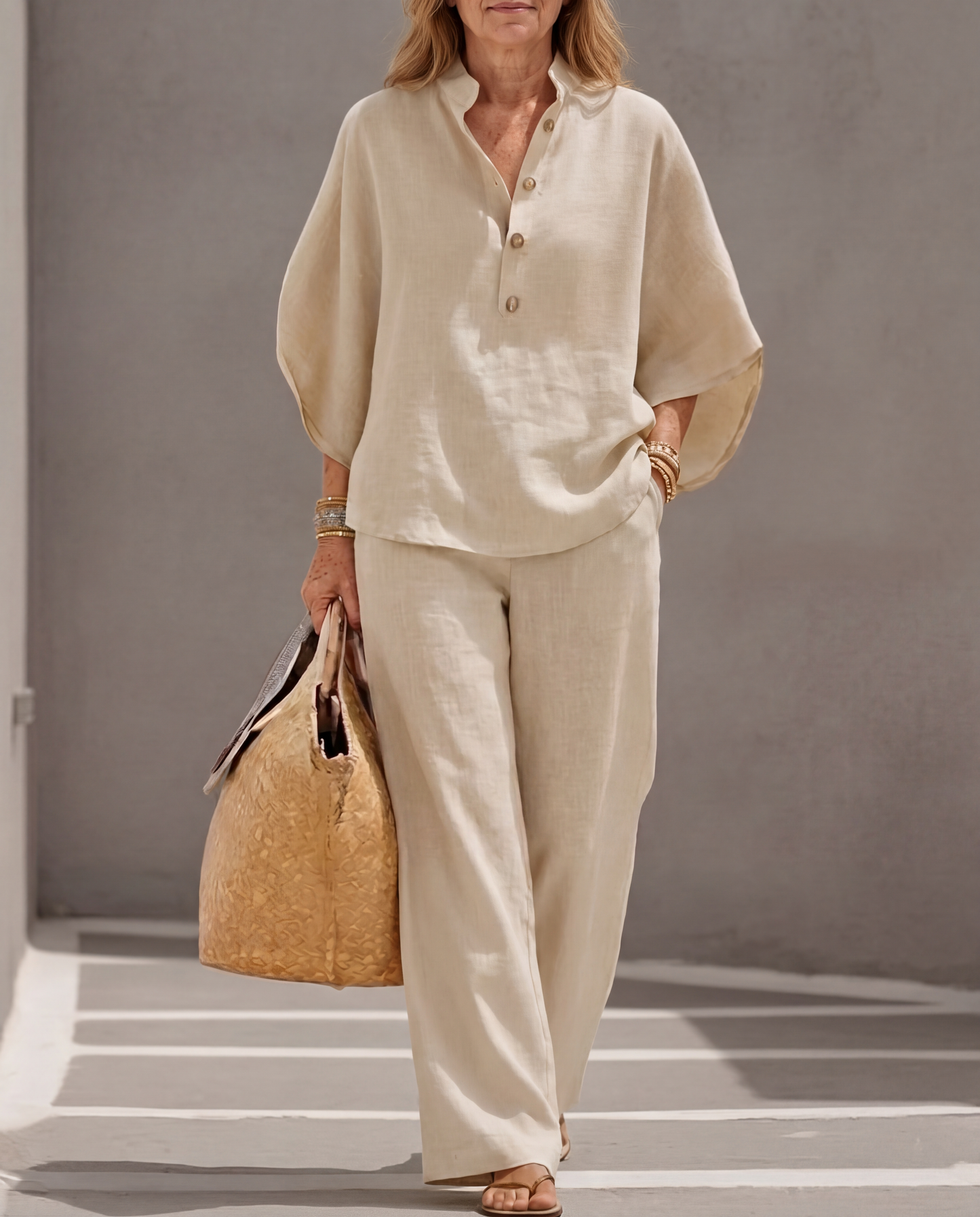 Mariel - Comfortabel Ensemble Coton Lin Manches Chauve-Souris Pantalon Large