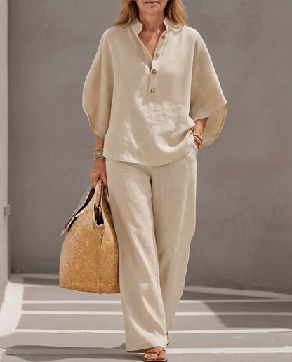 Mariel - Comfortabel Ensemble Coton Lin Manches Chauve-Souris Pantalon Large