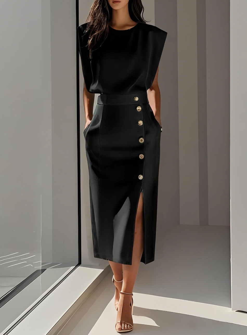 Sophie - Elegante midi jurk met gouden knopen