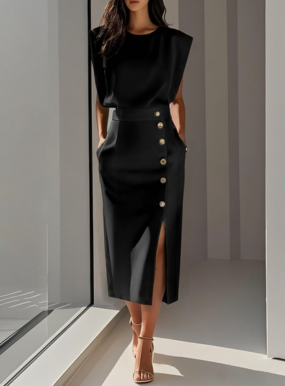 Sophie - Elegante midi jurk met gouden knopen
